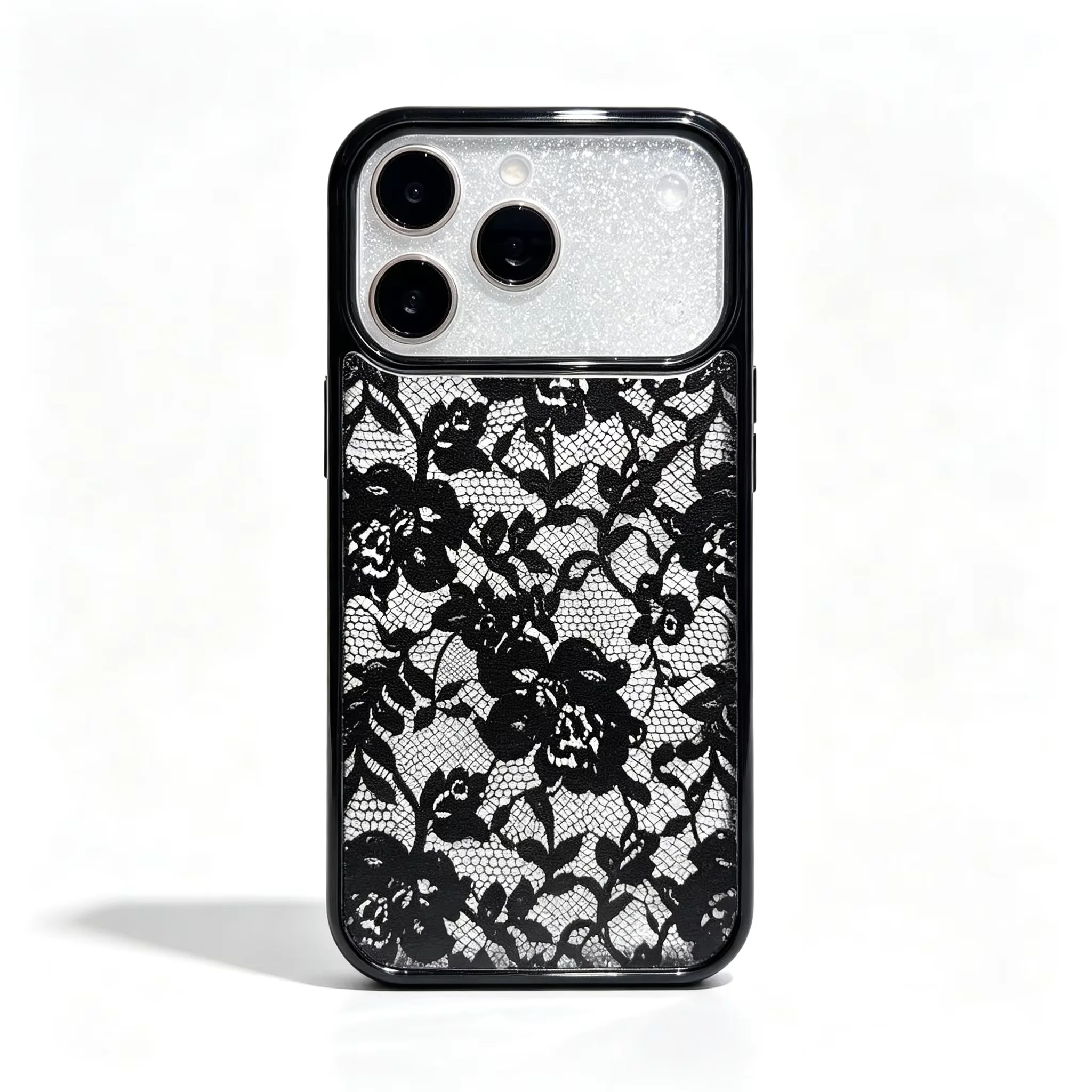 Elegant Black Lace Flower Transparent Phone Case - Korean Inspired Y2K Style