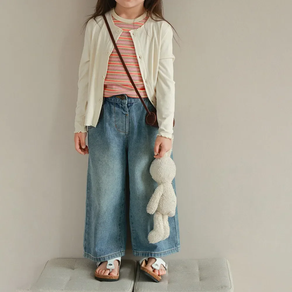 الربيع والخريف جديد الفتيات مستقيم الساق الجينز النسخة الكورية الموضة الأساسية تنوعا 3-7 سنة ملابس كاجوال للأطفال