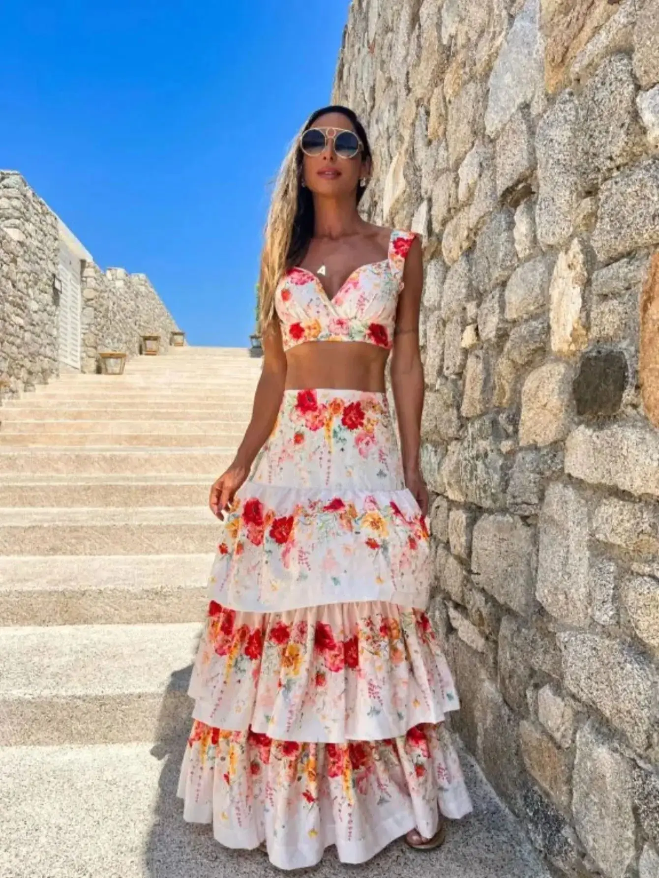 Women Summer New Bohemian Holiday Beach Dress Sexy Deep V Jacket Split Skirt Two Piece Set