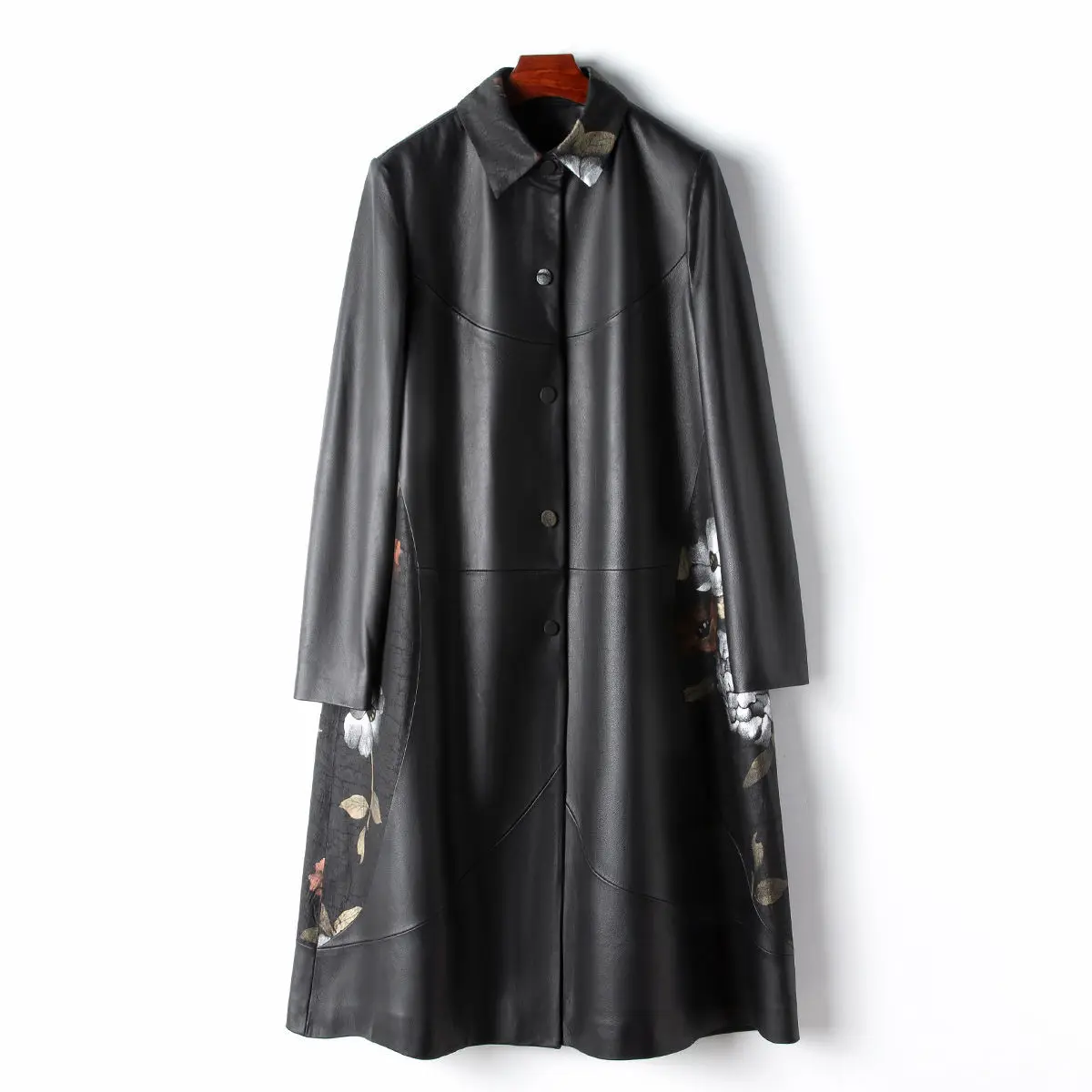 

Spring New 100 Sheepskin Combination Mulberry Silk Coat 2024 Women's Long Leather Coat