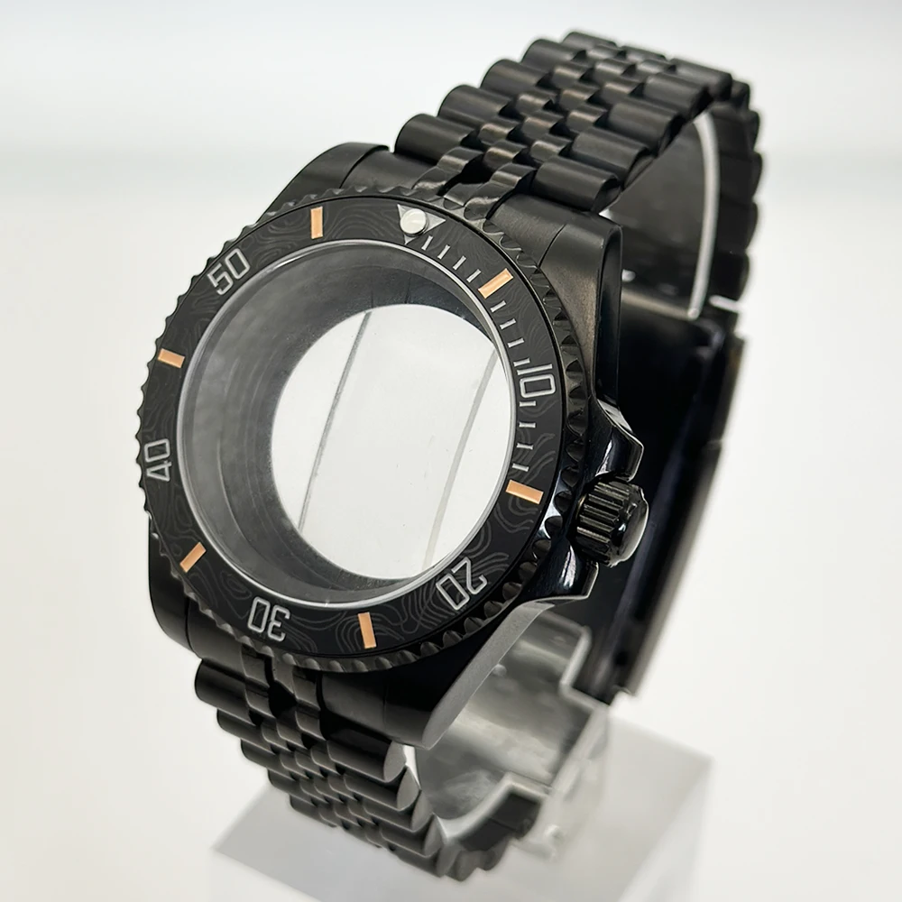 Sleek Black Watch Case with Carbon Fiber Bezel and Sapphire Mirror