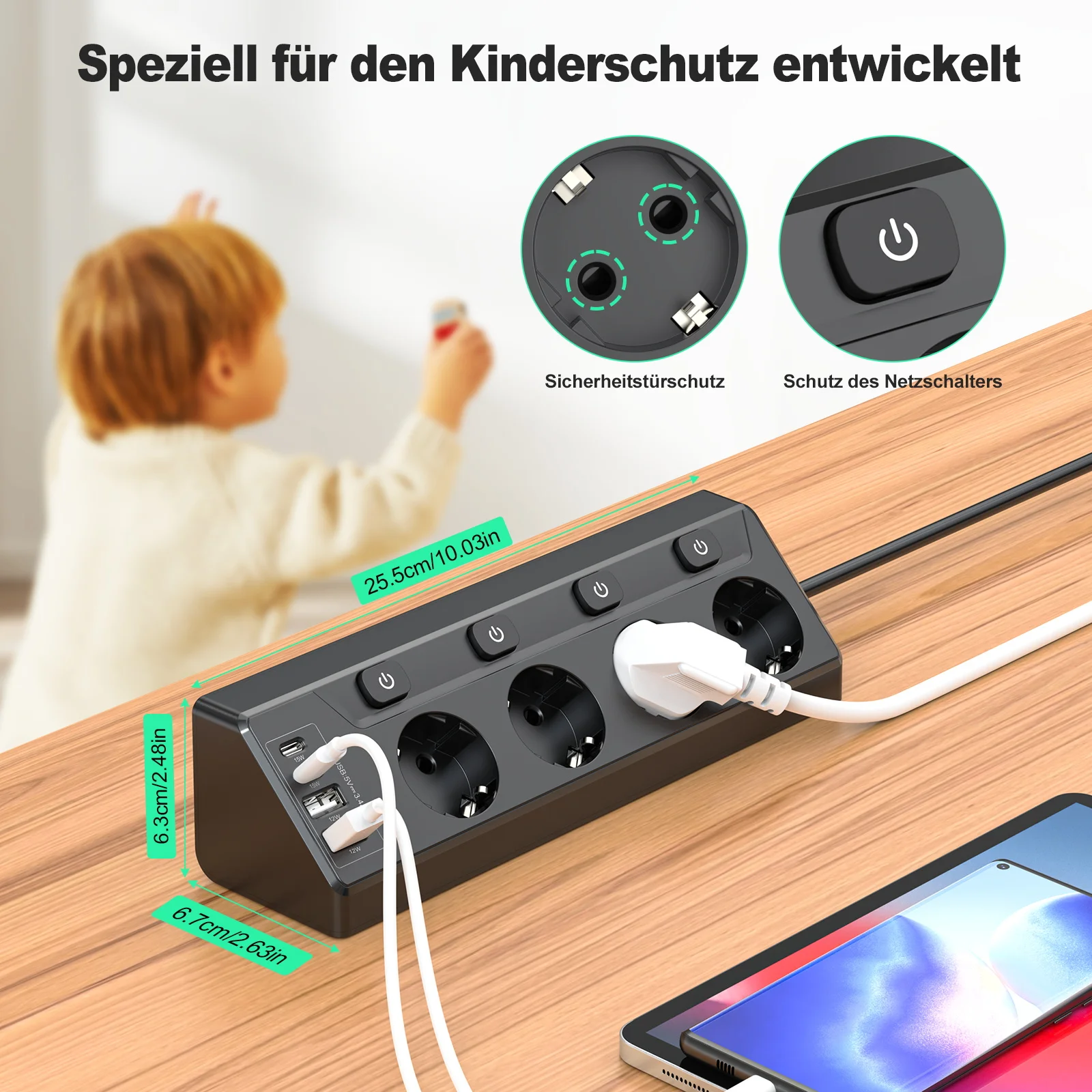 Enhanced Euro Multi-Plug Power Board with USB and Type-C Ports, Corner Sockets, and Surge Protection