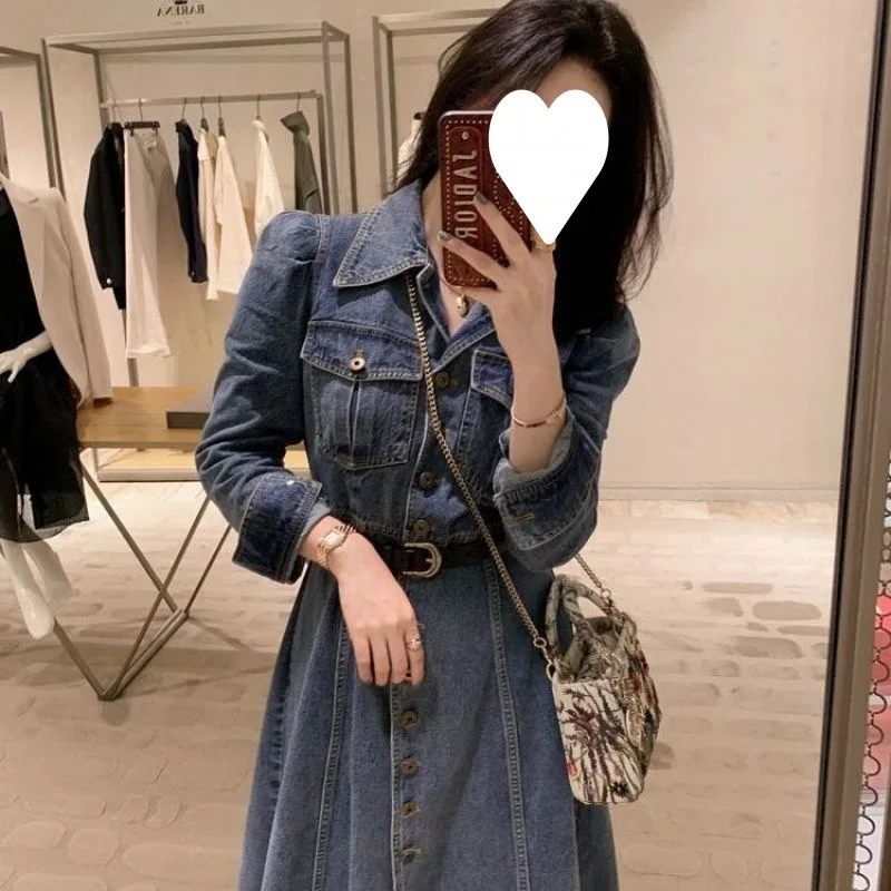 Women Belt Long Summer Denim Dress Korean Fashion Short Sleeved Jean  Dresses French Style Lapel Single Breasted Cowboy Vestidos