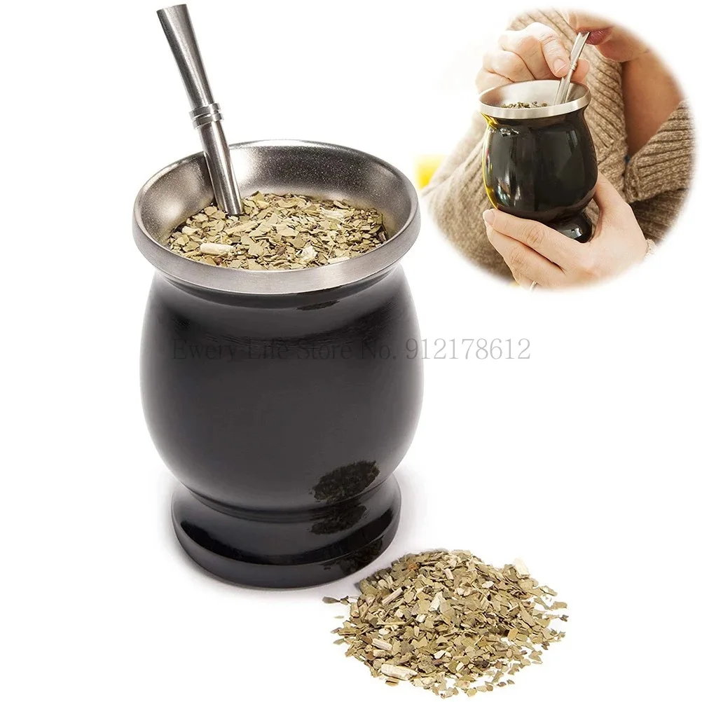 8Oz Yerba Mate Cup Set 18/8 Stainless Steel Modern Mate Cup with Bombilla Mate Straw Cleaning Brush Lid BPA Free Hot Cold Drink