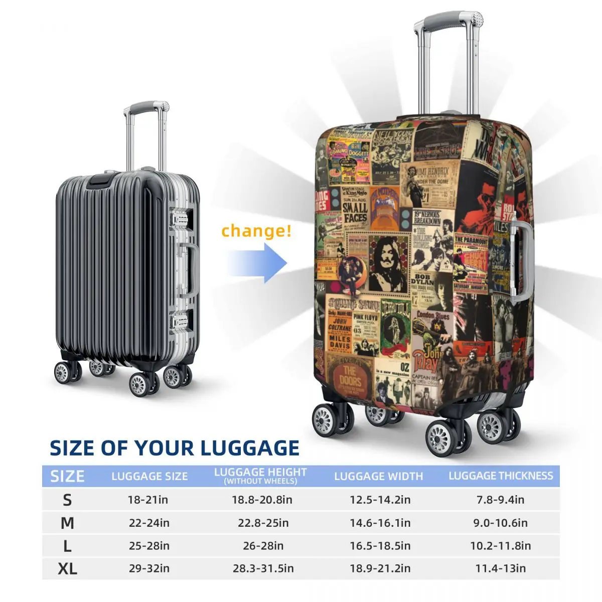 Rock N' Roll Stories Collage Suitcase Cover Music Fun Business Protection Luggage Case Flight Travel Luggage Cover Dust Proof 6