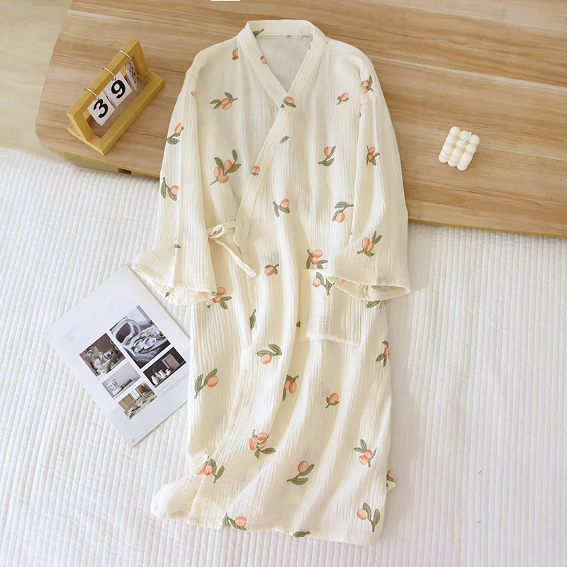 Japanese Style Kimono Spring Summer New 100% Cotton Crepe Ladies Thin Nightgown Women Bathrobe Robe Home Service Pajamas