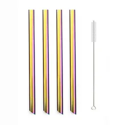 Metal Drinking Straw Set, Reusable Stainless Steel, Wide 12mm for Milkshakes & Bubble Tea, Includes Brush (5-Piece) (5Pcs Rainbow)