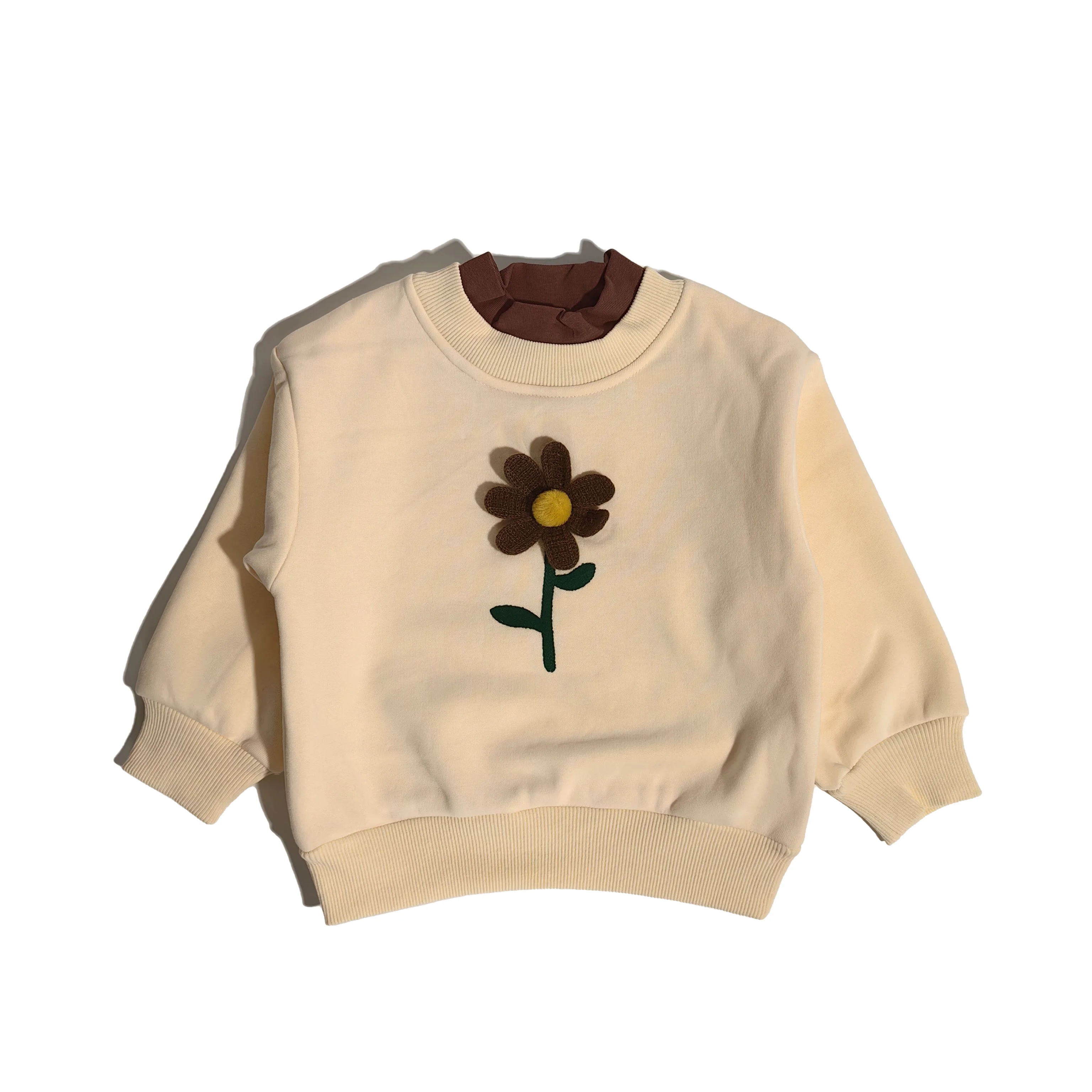

Fleece lined interior and unique dual collar fine stitch sweat shirt with embroidered flower for girl kid's look extra warm