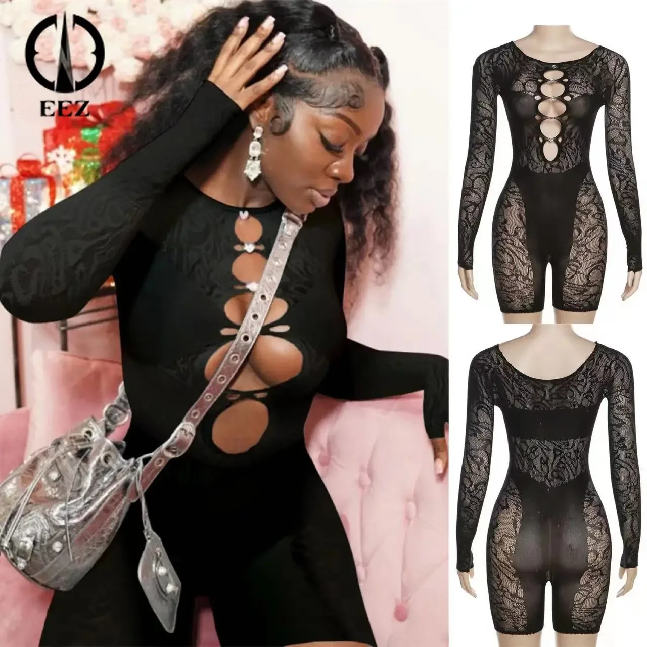 Sparkling Diamonds Mesh Hollow Out Shorts Playsuit Women Sexy See Through O Neck Long Sleeves Slim Body-shaping Coquette Romper