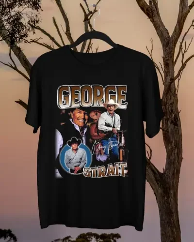 Maglietta Firmata George Strait Cotone Nero Uomo Maniche Lunghe O Corte