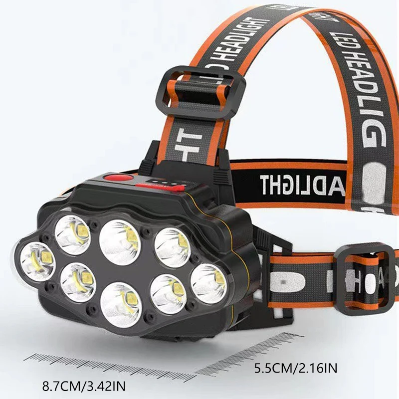 다기능 8 LED 헤드라이트, 500 루멘 내장 배터리, 전원 디스플레이 포함 LED 헤드램프, 인기 판매