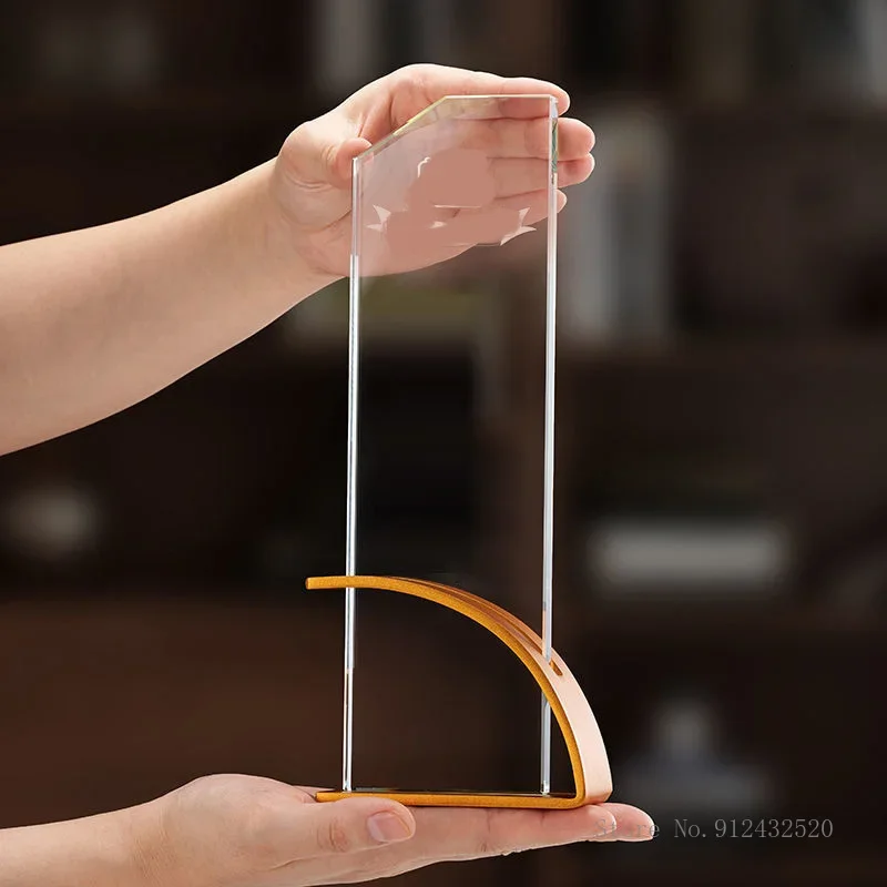 Custom Personalized Metal Geometric Shape Base Crystal Trophy, Electroplating Gold, Creative Event, Souvenir Home Decoration 1pc