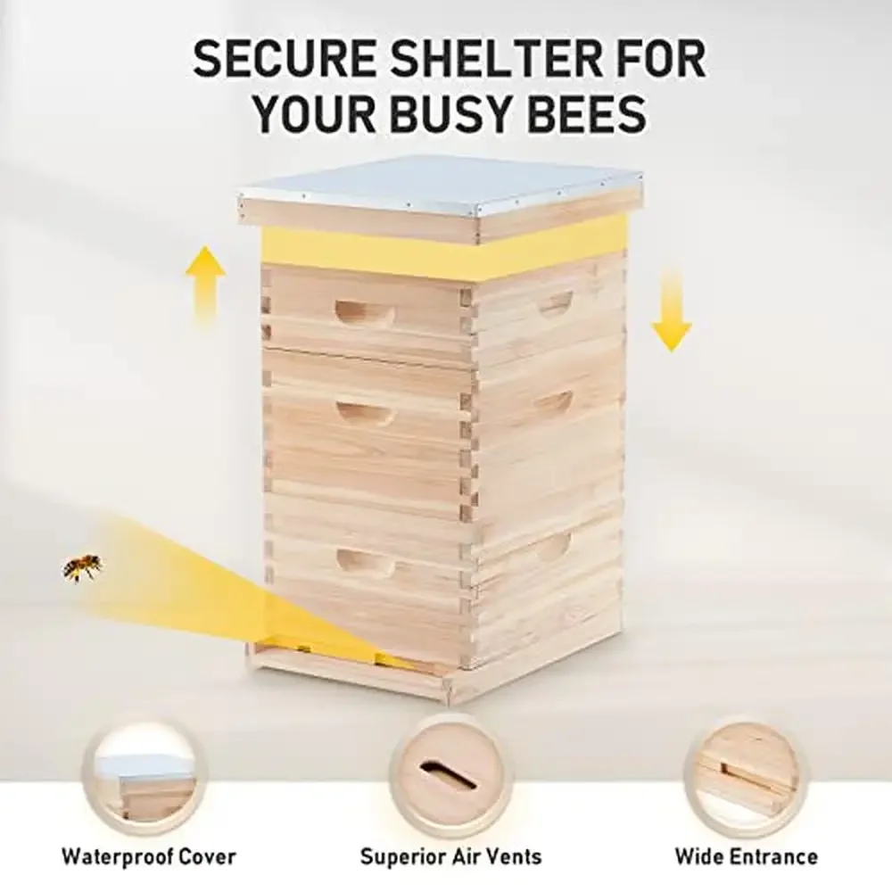 Langstroth Beehive Bee House 30-Frame Bee Hive Boxes Starter Kit with 10 Medium & 20 Deep Frames & Foundations Durable Fir Wood