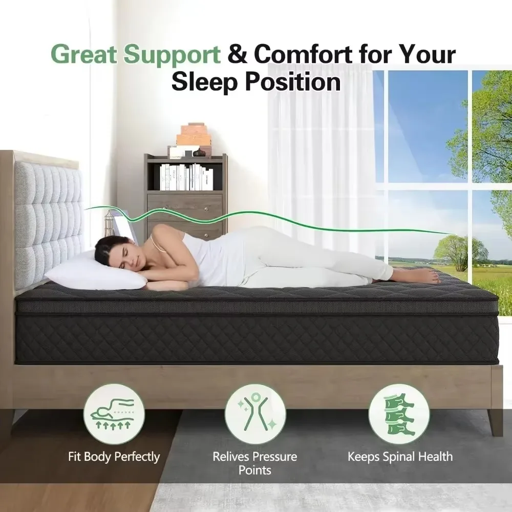 Queen Mattress,14 Inch Hybrid Mattress Black,Euro Top Mattress Medium Firm for Back & Lumbar Support,100 Night Trial, Individual 4