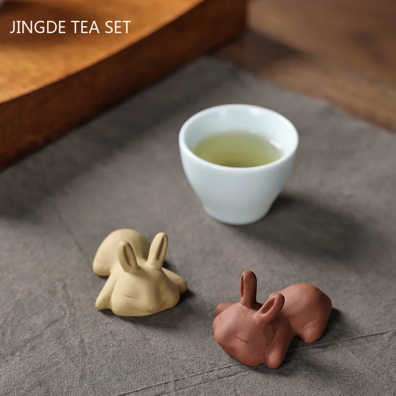 1pc Yixing Handmade Purple Clay Tea Pet Rabbit Statue Tea Figurine Ornament Boutique Tea Table Accessories Home Decoration