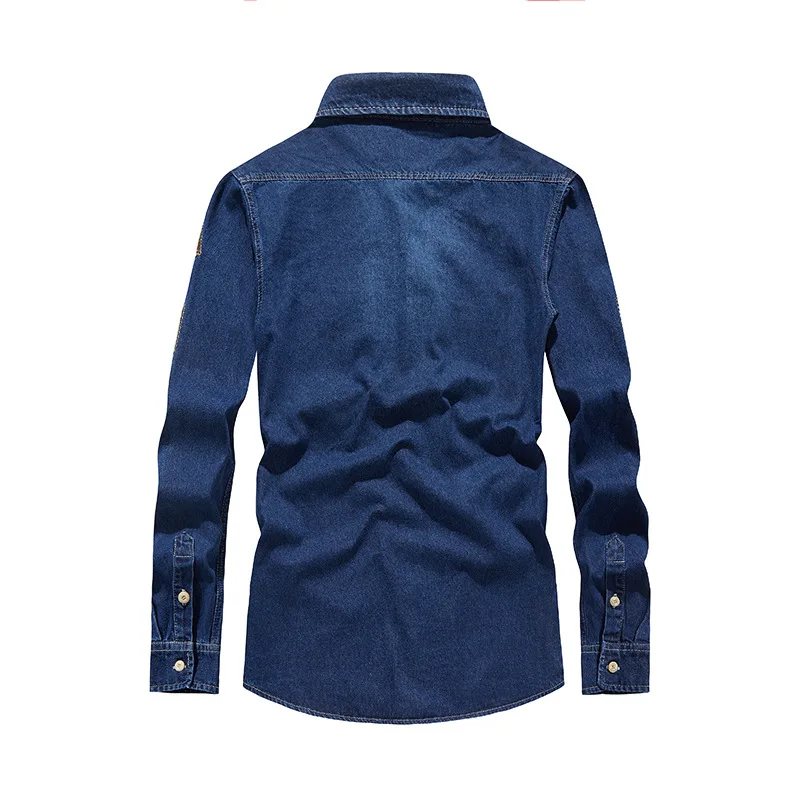 Men Long Sleeved Casual Denim Shirts Male Cotton Multi pockets Cargo Shirts Spring Man Fashion Jeans 5XL