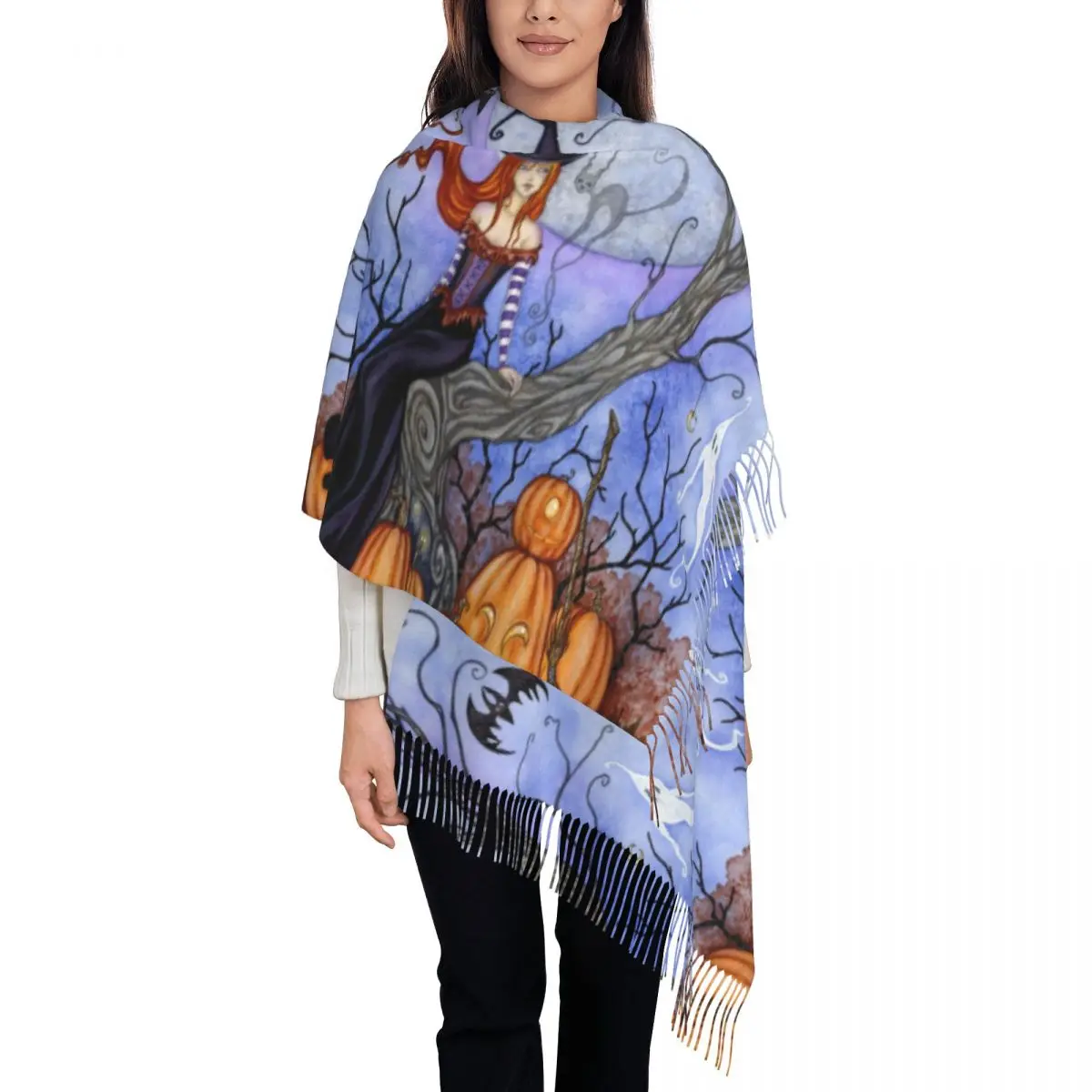 

Роскошные зимние теплые шали на Хэллоуин с рисунком дерева и ведьмы, Женский оккультный Готический Волшебный шарф