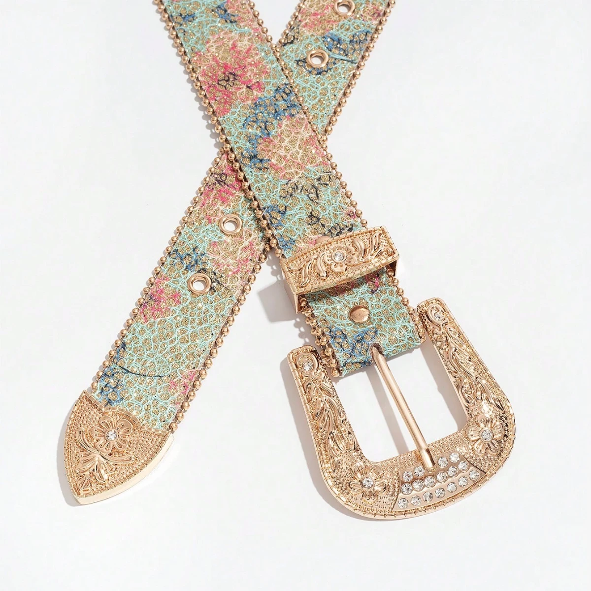 1PC Women's Light Luxury Elegant Carved Multi-Color Metal Buckle Flower Glitter Printed Embroidered Jeans Belt