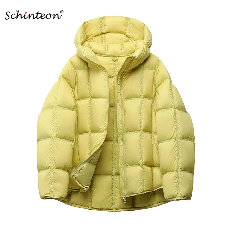 SchinteonWomenLightWhiteDownJacketwithHoodLooseOverSizeCasualAutumnWinterOutwearSquareWarmShortCoat2025New-AliExpress200000345
