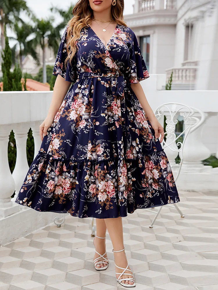 Cheap Women Plus Size Midi Dresses 2023 New Summer Casual Elegant V-Neck Short Sleeve Ruffled Floral Print Boho Holiday Clothing