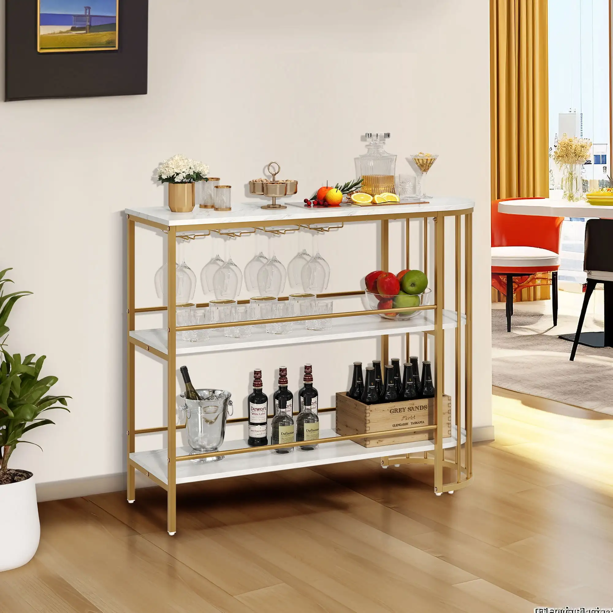 

Dextrus 3 Tier Home Bar Unit, 47" Mini Bar Cabinet with 4 Rows Wine Rack, Adjustable Feet Pad for Home Pub, Party, White