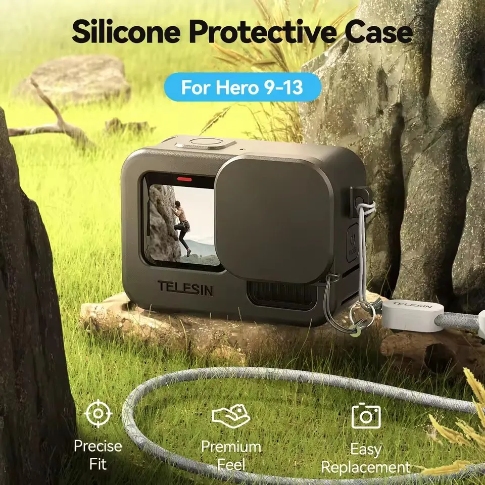 Dragonne noire attachée à la coque silicone TELESIN, offrant une prise en main sécurisée pour votre GoPro.