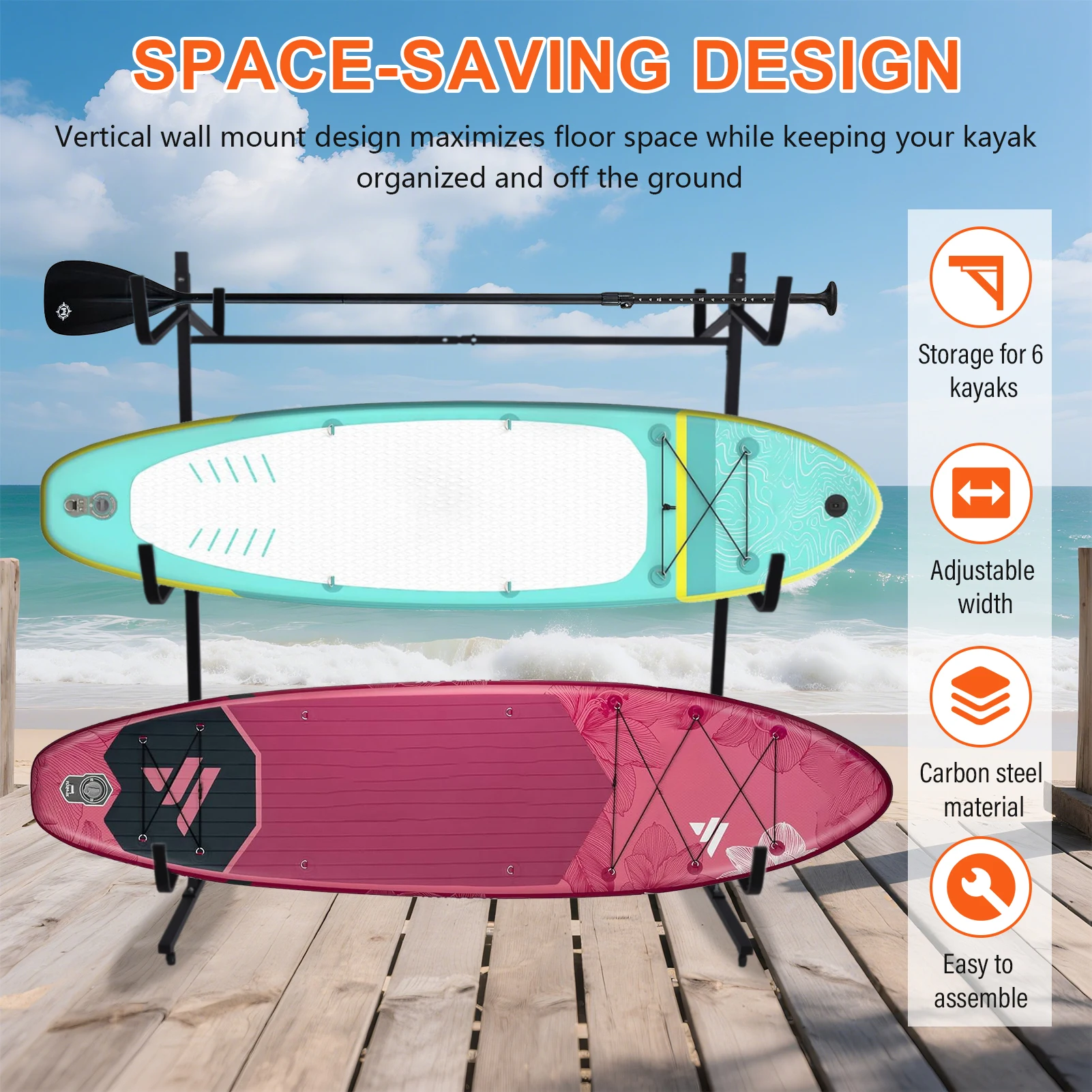 Kayak Storage Rack Paddle Board Floor Stand Indoor Outdoor Adjustable Width Canoe Rack Hanger for Surfboard, Boat, Dock, Garage