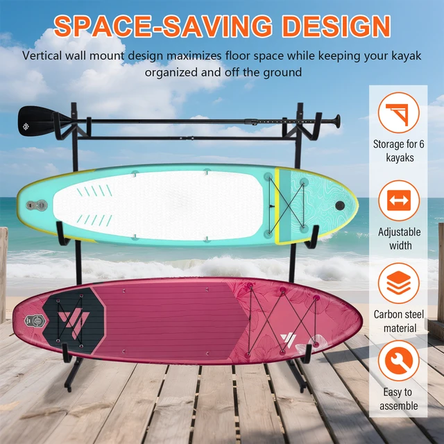 Kayak Storage Rack Paddle Board Floor Stand Indoor Outdoor Adjustable Width Canoe Rack Hanger for Surfboard, Boat, Dock, Garage