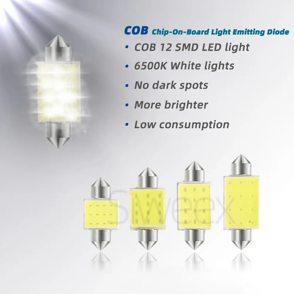 LED Car Lights C5W C10W 31mm 36mm 39mm 41mm/42mm Dome Festoon COB DC 12V White Blue Interior Reading License Plate Lights
