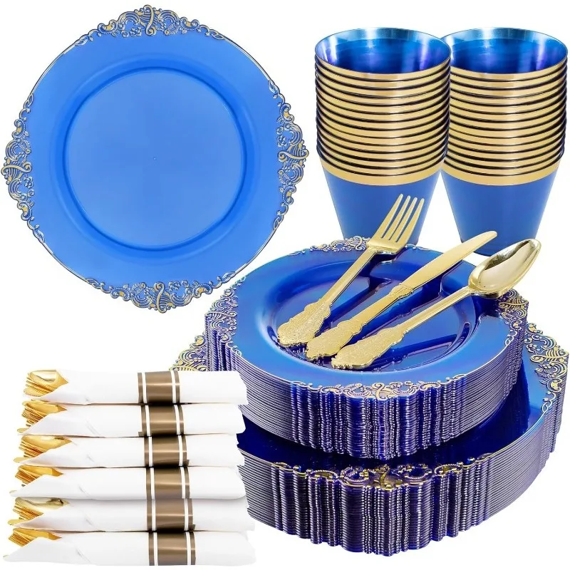 Plastic Plates 175PCS Disposable Party Plates & Pre Rolled Napkins with Cutlery for 25 Guests Plates Silverware Cups Napkin plastic tableware set