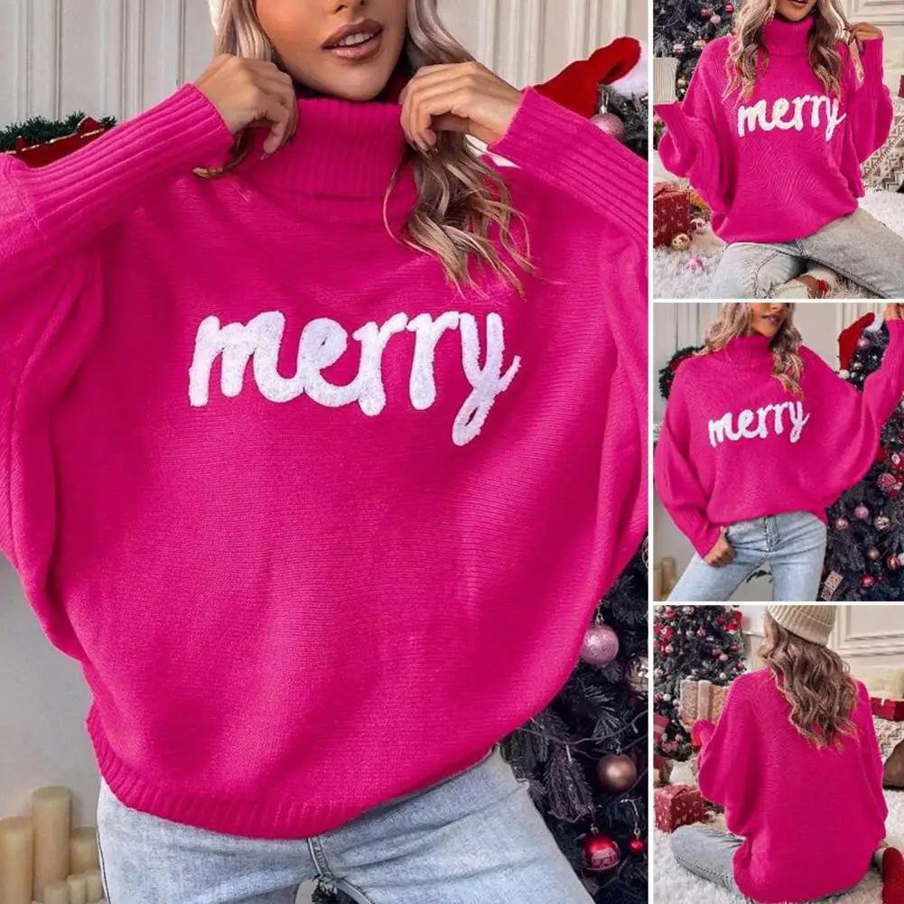 

Вязаный женский свитер с высоким воротником, Свободный пуловер, женский джемпер с рукавом летучая мышь, элегантный зимний, осенний, новогодний, модный, Рождественский свитер