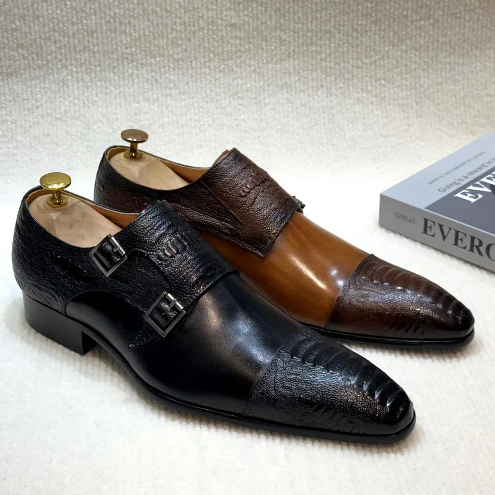 Men's Handmade Monk Shoes Double Buckle Genuine Cow Leather Wedding Business Formal Footwear