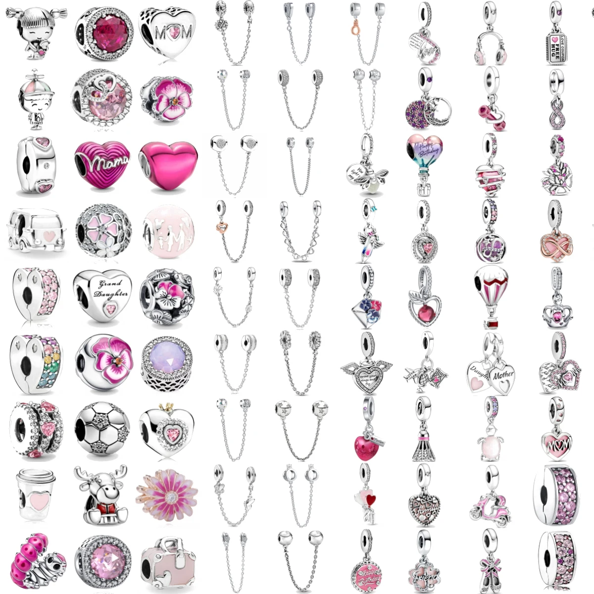 New Sping Pink Bag Pany Flower Family Chain Diy 925 Sterling Silver Bead Fit Brand Bracelet Bangle Jewerlry Accessories LoveGift 2