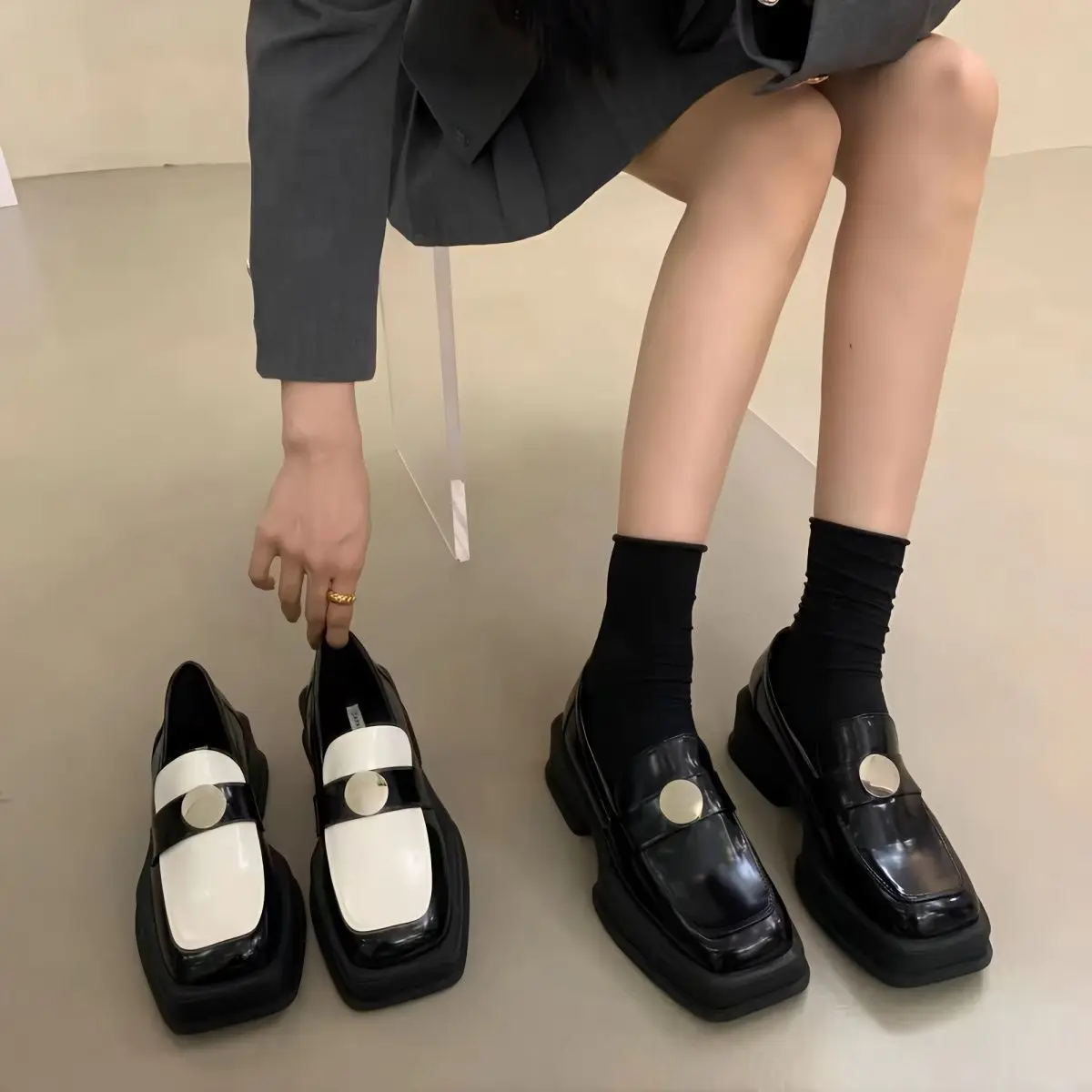

2024 New Platform Heel Loafer Shoes for Women Lolita Contrast Color Pumps Chunky Heel Slip-on Leather Shoes British style