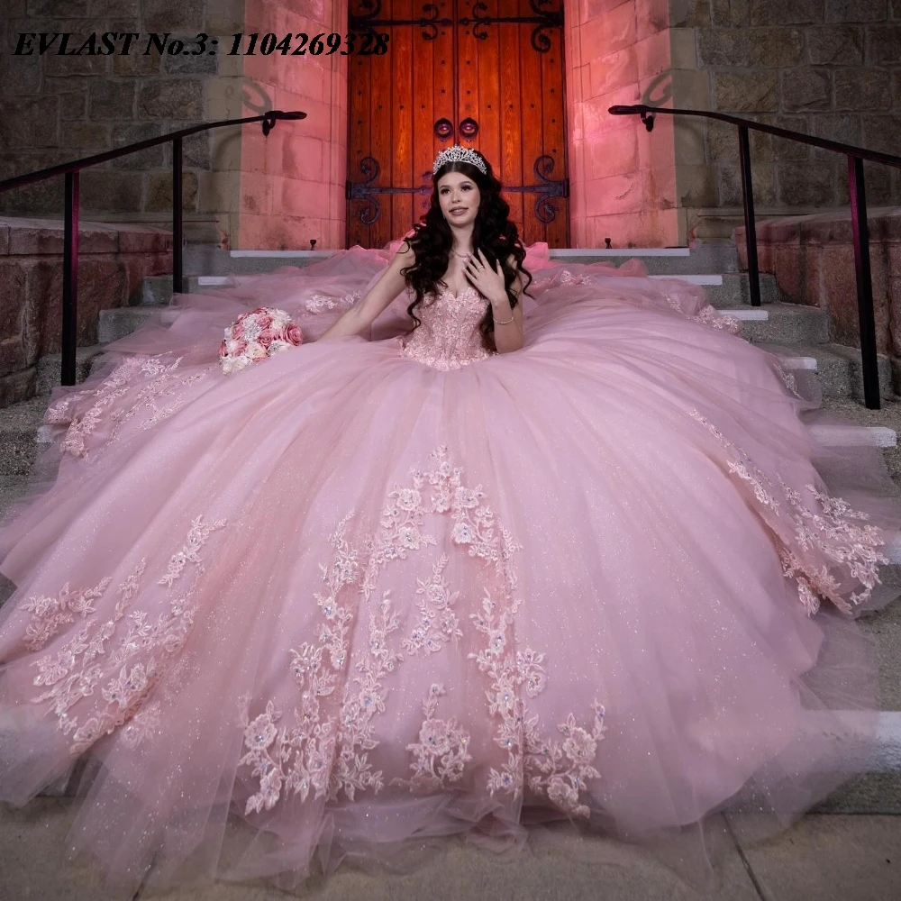 EVLAST Sparkly Pink Quinceanera Ball Gown Lace Applique Beading Bow Tiered Sweet 16 Dress E3Q188