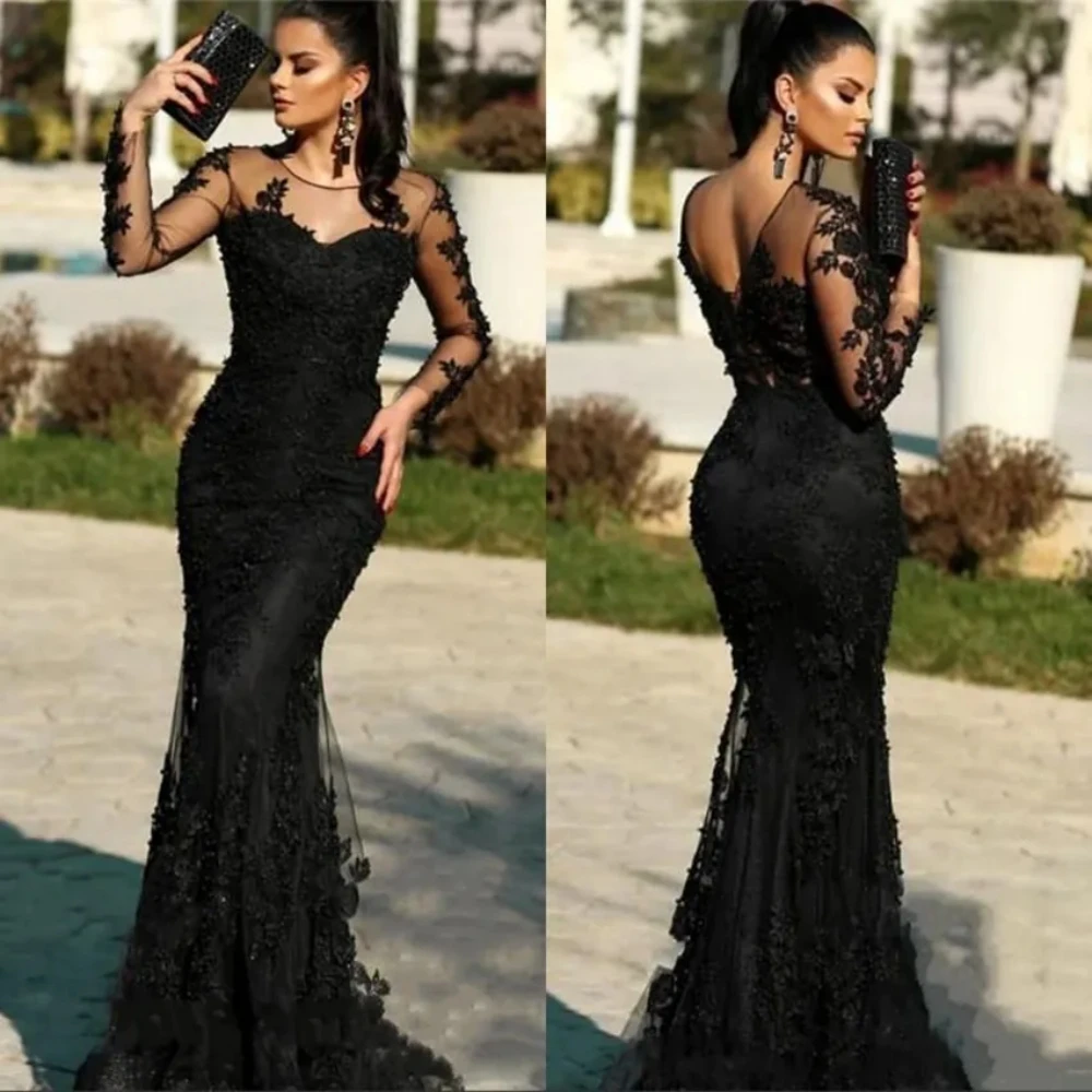 

Mermaid Black Lace Evening Dress Illusion Long Sleeve Sheer Neck Floor Length Formal Occasion Prom Party Gown فساتين السهرة2024