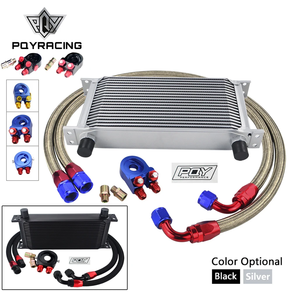 oil cooler kit Universal 19 Rows Oil Cooler Kit +Oil Filter Sandwich + Stainless Steel Braided An10 Hose With PQY Sticker+Box