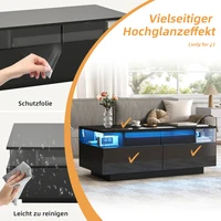 Table basse, 90×45×35,5 cm, avec plateau et éclairage LED. Table de salon haute brillance avec 2 tiroirs, structure de support en verre trempé, noir. 4