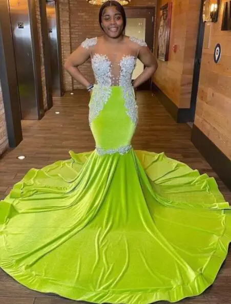 

Green African American Prom Dresses Mermaid Cap Sleeves Velvet Appliques Black Girls Nigeria Robe De Soiree Evening Dress Gown