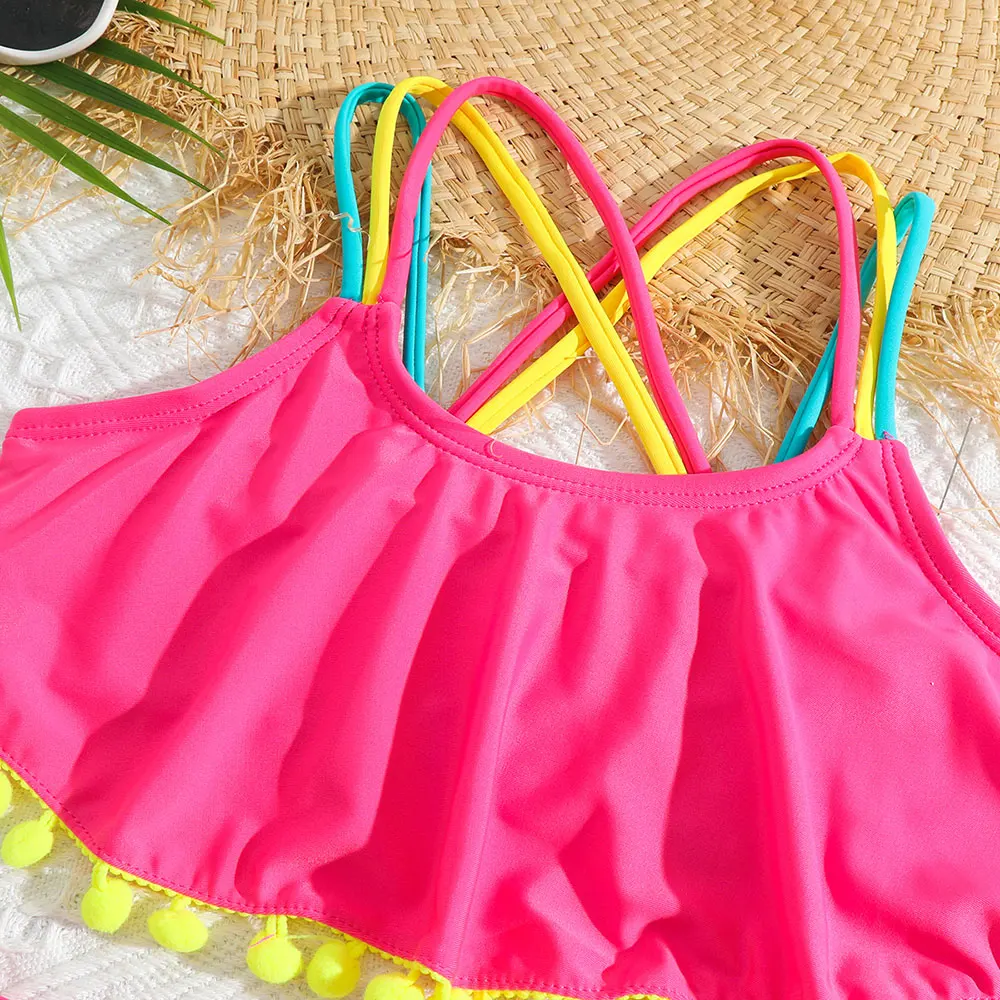 5-12 Years Ruffle Flounce Girl Swimsuit Kids Criss Cross Back Bikini Pompom Decorated Two Piece Children's Swimwear Bathing Suit