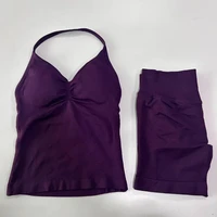Ensemble de sport 2 pièces sans logo pour femme : débardeur dos nu et short taille haute froncé sans couture – Tenue de gym, sportswear, entraînement, yoga 5