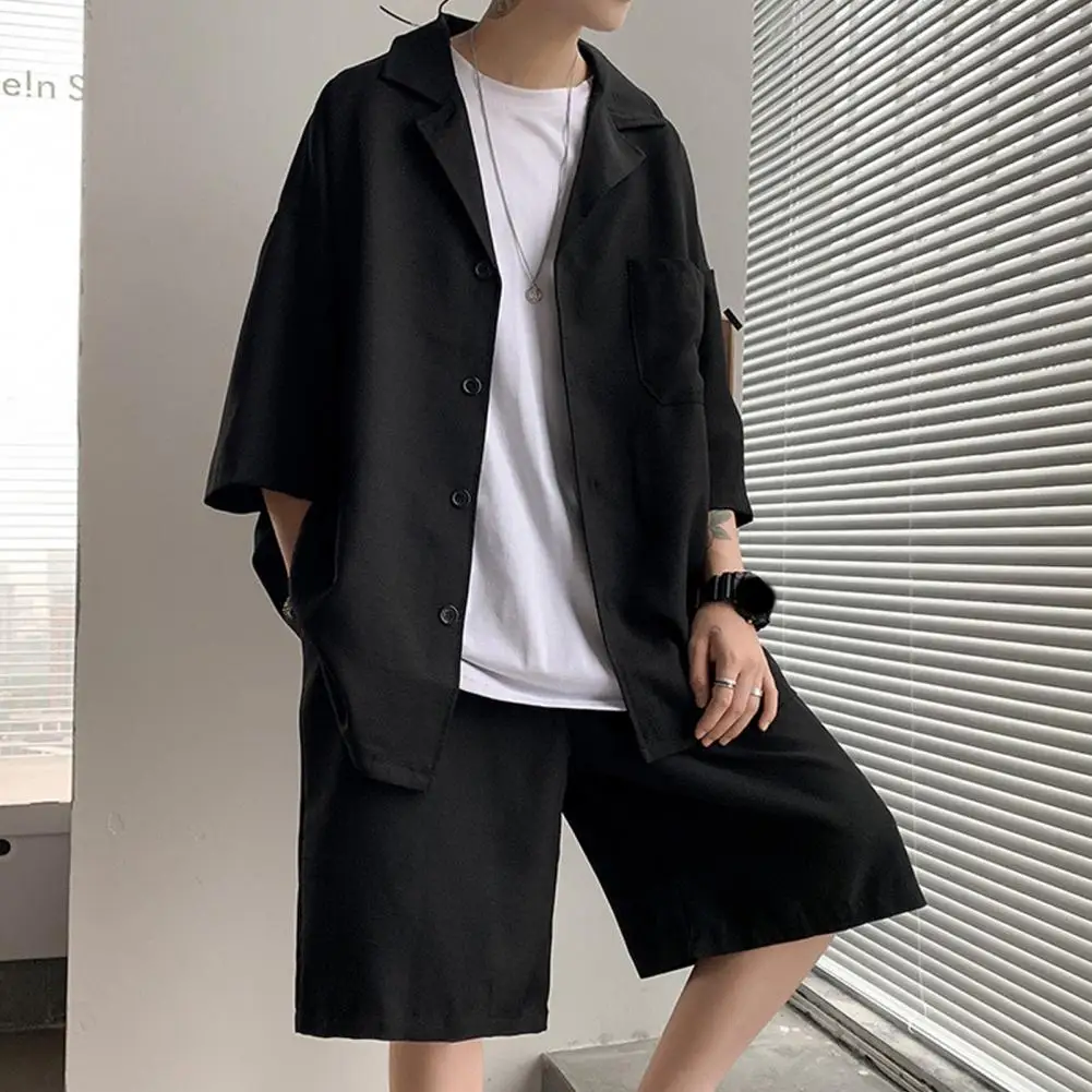 

Рубашка с коротким рукавом и шорты, Мужская Повседневная рубашка с отложным воротником и шорты с эластичным поясом, комплект для стильной удобной одежды, мужской повседневный костюм