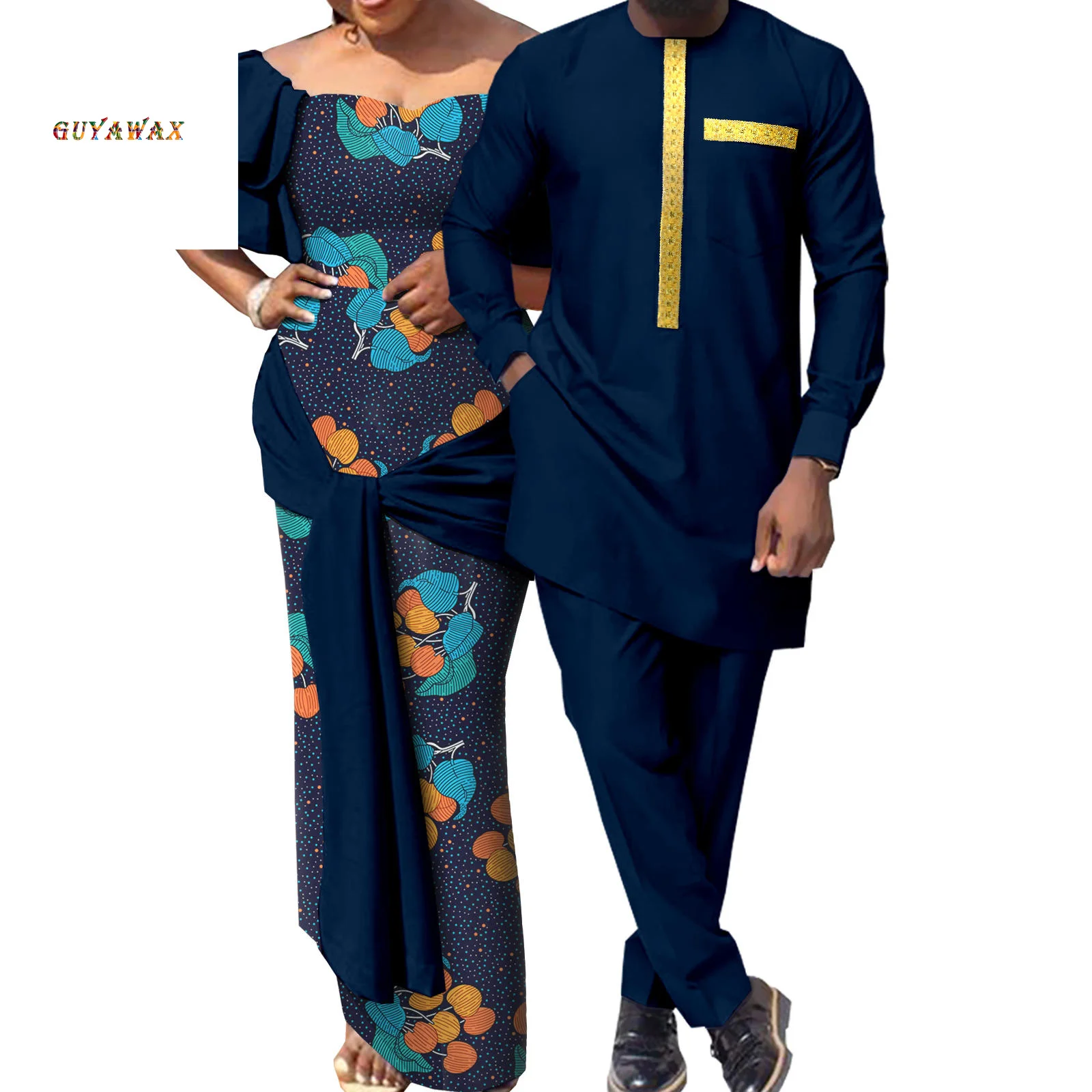 

Dashiki African Couples Clothes Bazin Riche Women Ankara Long Dress Party Matching Men Top & Pants Sets African Print Clothing