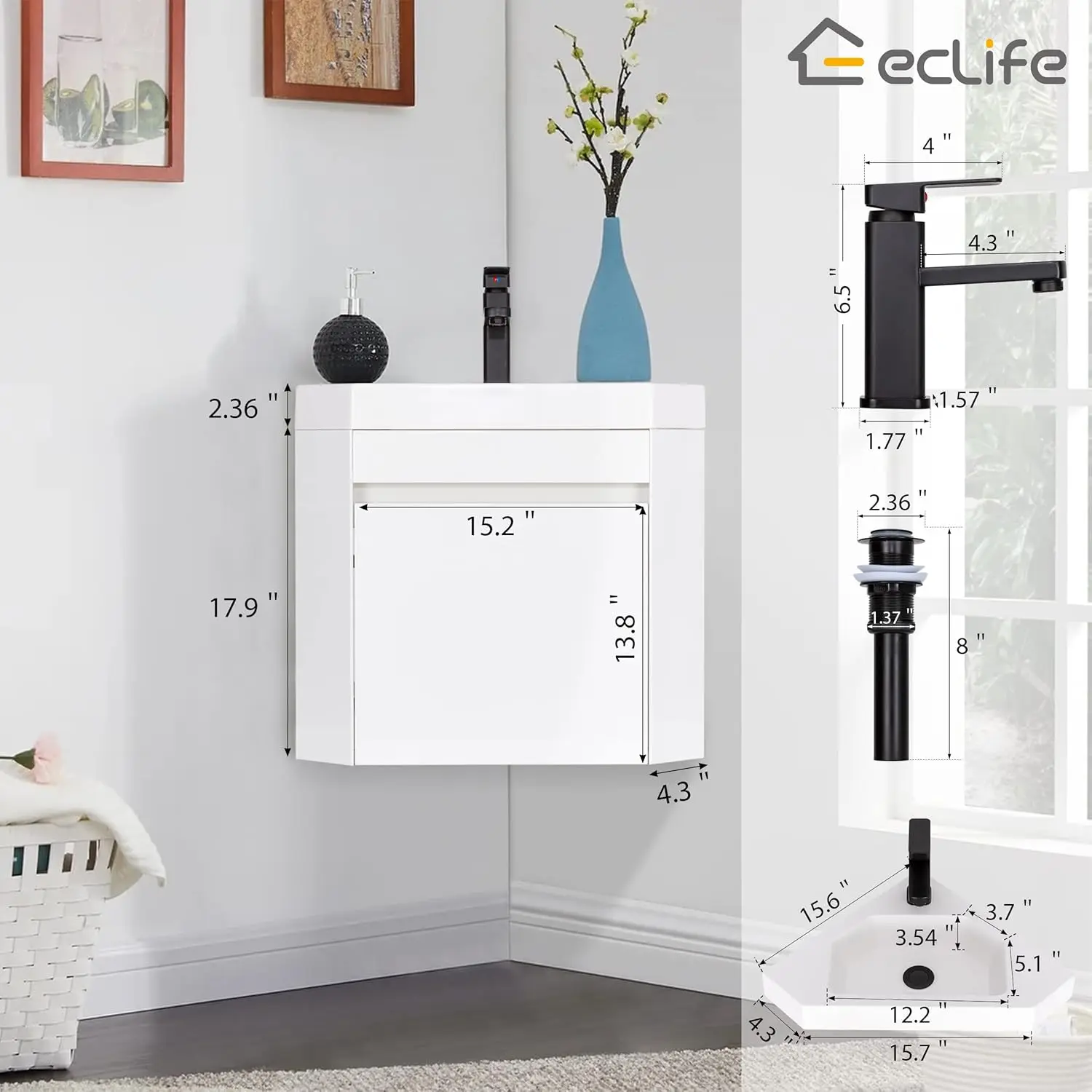 22" Corner Bathroom Vanity Sink Combo for Small Space Wall Mounted Floating Cabinet with Resin Sink and Matte Black Faucet 2
