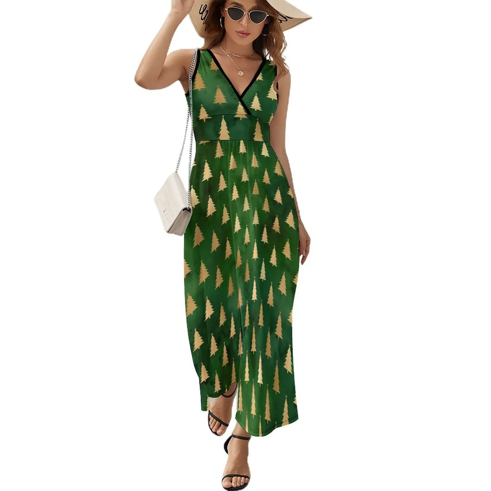 

Winter Christmas Tree Dress Green and Gold Kawaii Maxi Dress Casual Bohemia Long Dresses High Waist Pattern Oversize Vestido