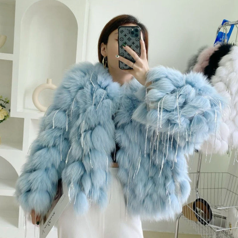 

Furry Flocking Cardigan Tops Luxury Fall Winter 3D Hairball Faux Fox Fur Sequined Fringed Jackets Fur Faux Mink Fur Tassels Coat