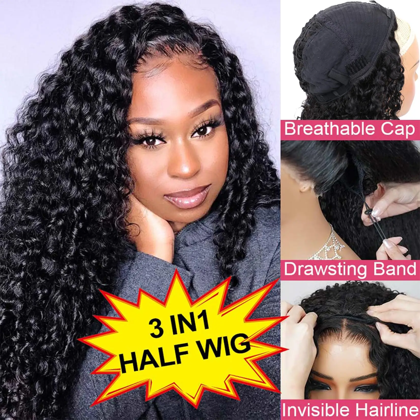 Burmese Curly 250% Density 3 In 1 Half Wig Human Hair 2 Spiral Curly Seamless Flip Over Wear and Go Wigs With Drawsting