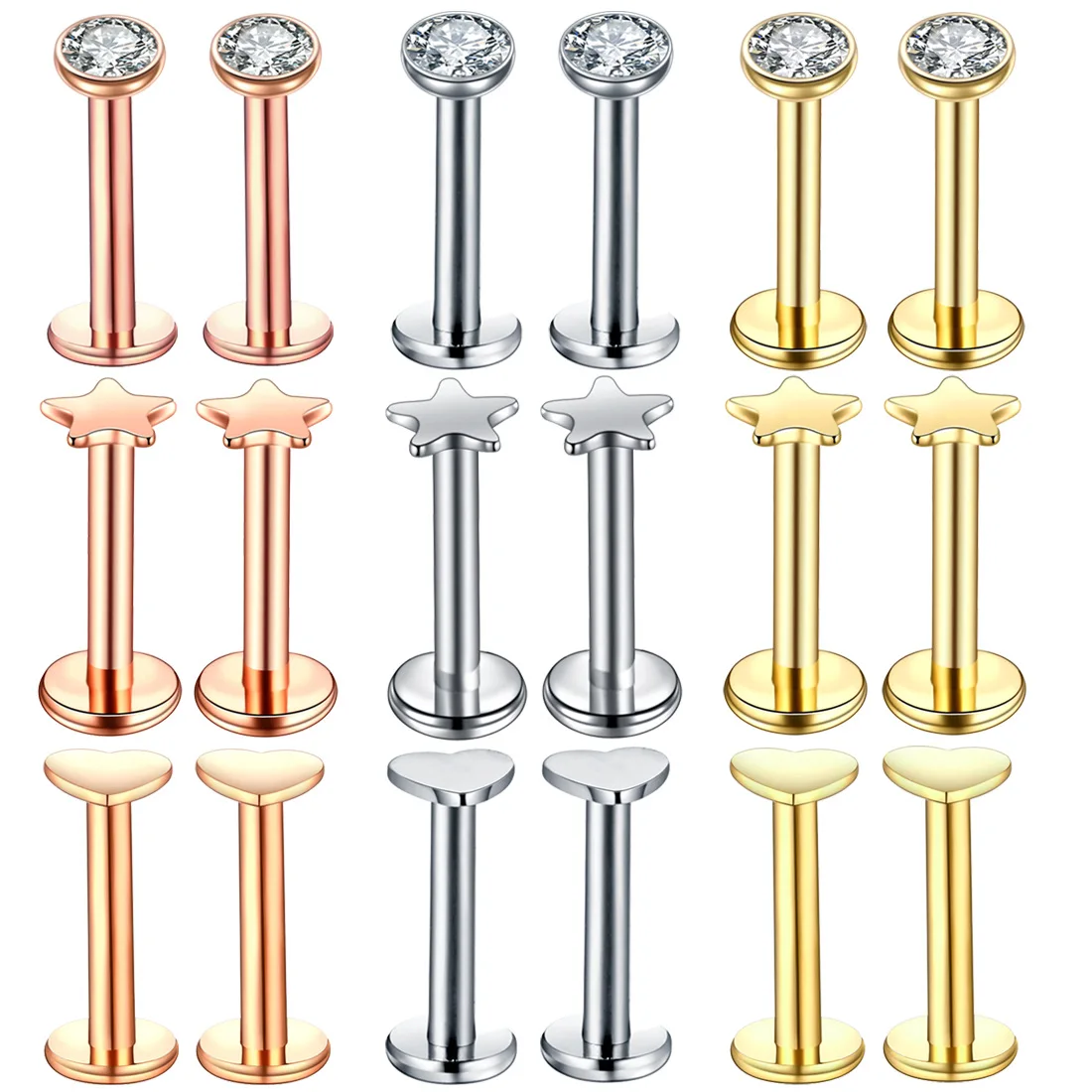 2pcs AAA Zircon Labret Lip Bar Stud Piercing 16 Gauge Stainless Steel Cartilage Ear Tragus Stud