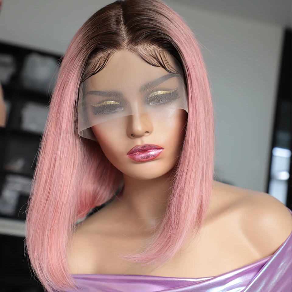 

180D Pink Bob Wig Silky Straight Lace Front Human Hair Wigs For Women Short Bob Transparent Lace Wig Bleached Knots Pre Plucked
