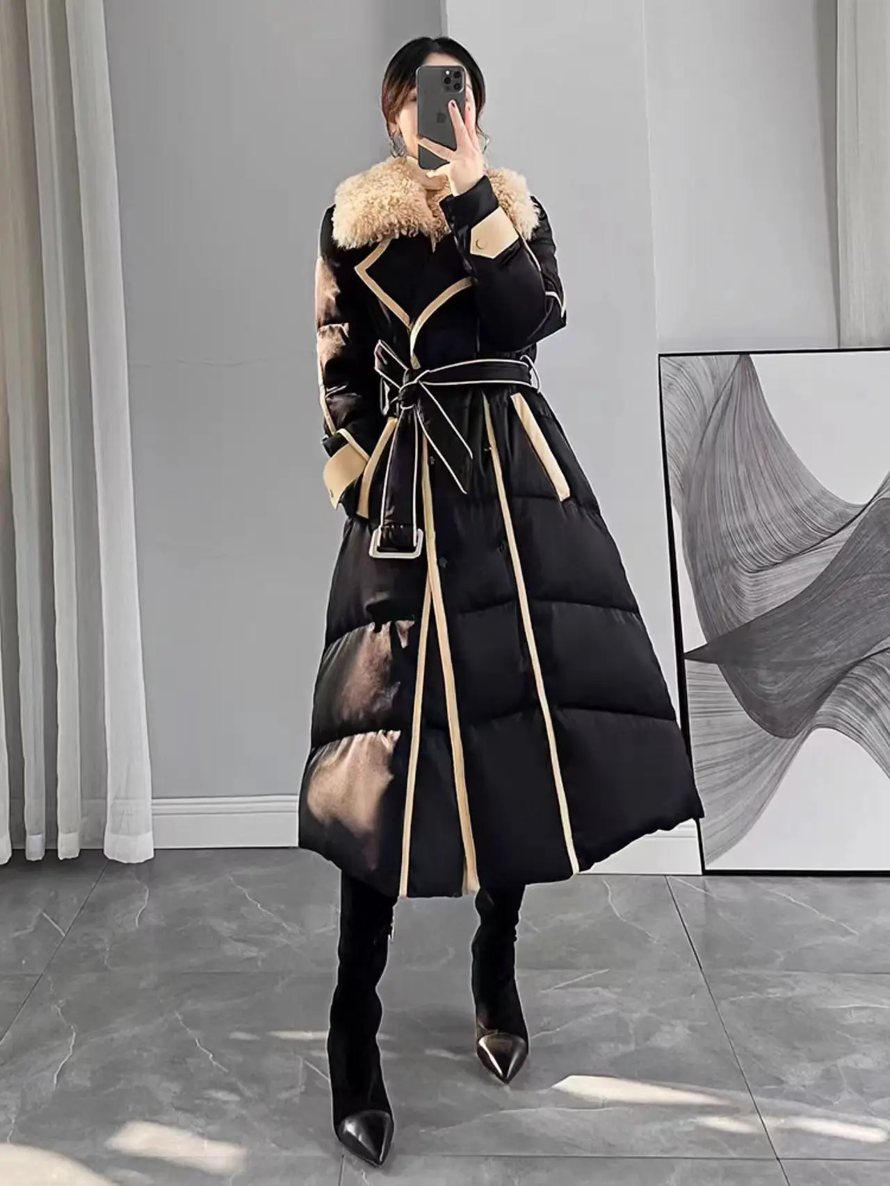 Large Collar Down Jacket, Korean Design With a Tie Up Waist Length Jacket, Women's Winter New 2023